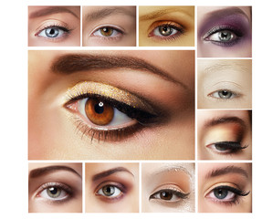 Set of Eyeshadow. Mascara. Mix of Women's Eyes - obrazy, fototapety, plakaty