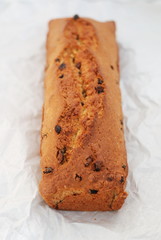 Pound cake with raisins, selective focus