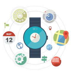 Smart watch concept with icons in modern flat design