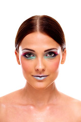 Naklejka premium Cute, attractive woman with colorful makeup