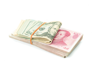 Obraz na płótnie Canvas Dollar USA and RMB Chinese on white background.