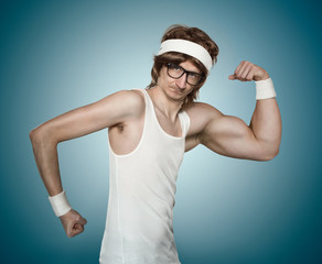 Funny retro nerd with one huge arm flexing his muscle - obrazy, fototapety, plakaty