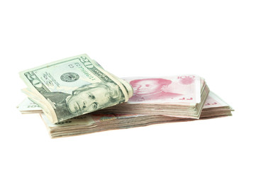Obraz na płótnie Canvas Dollar USA and RMB Chinese on white background.