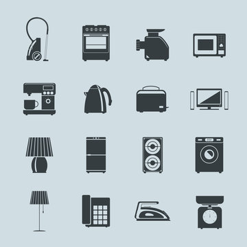 Set of household appliances silhouette icons