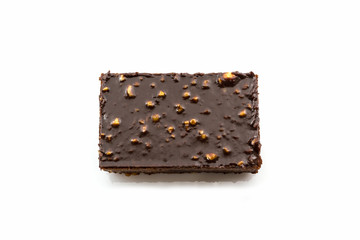 Brownie cake on white background.