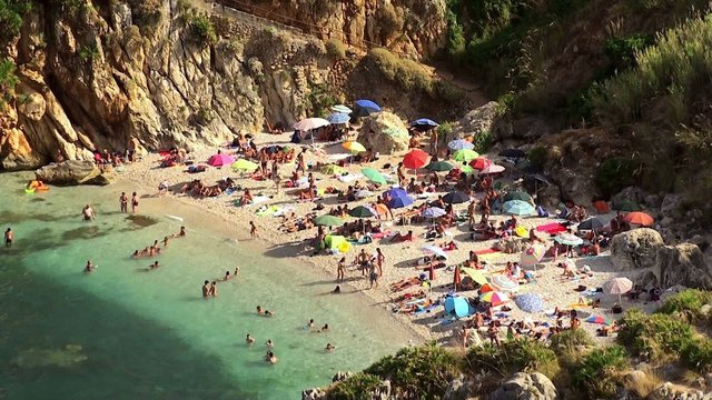 Crowd Vacation People At Zingaro Nature Reserve. Sicily