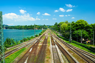 Fototapeta na wymiar Railway tracks in a rural scene at Lindau