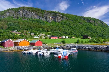 Wall murals Scandinavia Norwegian village between sea and mountain