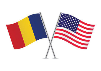 American and Romanian flags. Vector illustration.