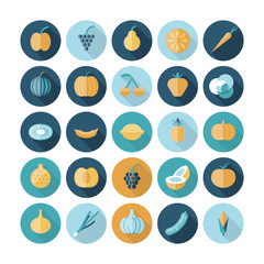 Flat design icons for fruits and vegetables.