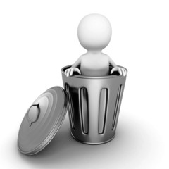 3d small person in metallic trash can