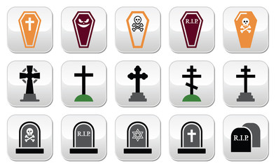 Halloween, graveyard icons set - coffin, cross, grave