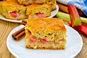 Pie rhubarb in plate on board