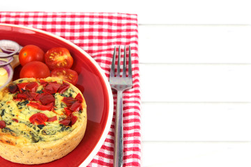 Colorful Healthy lunch. Quiche with copy space