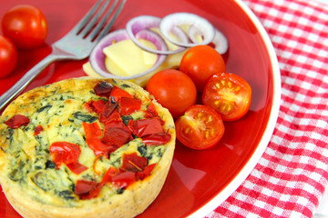 Colorful Healthy lunch. Quiche, cheese, tomatoes, red onion.