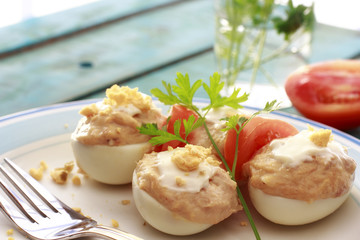Closeup of Spanish deviled eggs