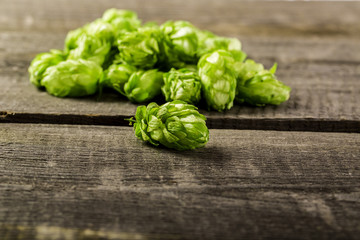 Fresh green hops on a wooden table