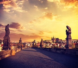 Charles bridge and Prague castle in the morning