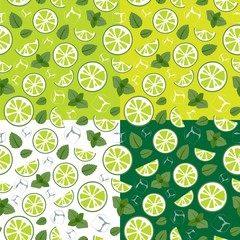 Pattern with lime slices, ice cubes and mint