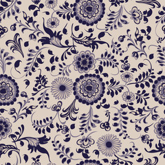 Seamless pattern, floral decorative elements in gzhel style - 70616965