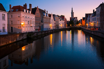 View of a canal in Bruges at twilight