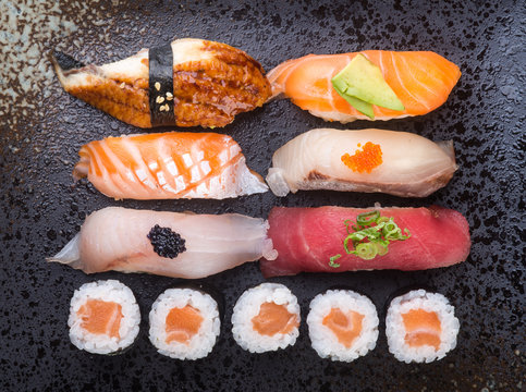 japanese cuisine. sushi set on the background