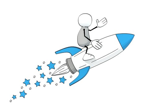 little sketchy man flying on a blue rocket with stars