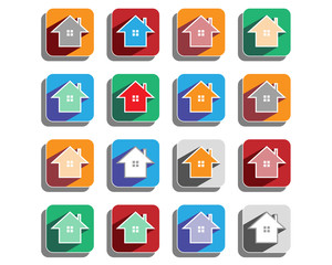 Vintage house icons set with long colored shadow