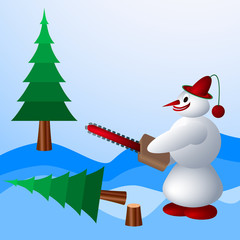 Snowman destroys trees
