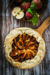 Apple pie on rustic wooden background