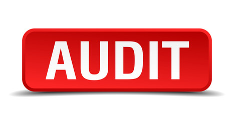 Audit red square button isolated on white background