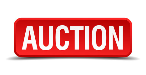 Auction red square button isolated on white background