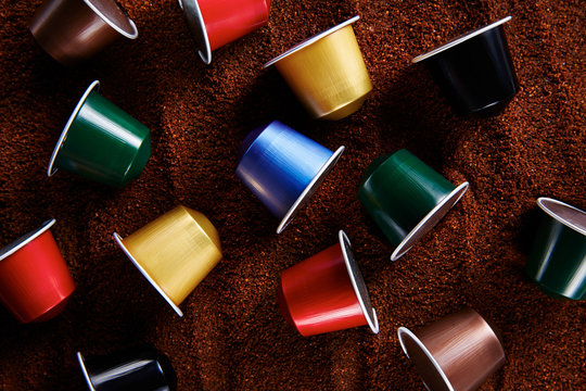 Colorful variety of coffee capsules