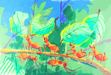 Fototapeta na wymiar colorful ants working together painting background