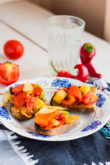 grilled rye toast with pepper, tomato, zucchini, vegetarian snac