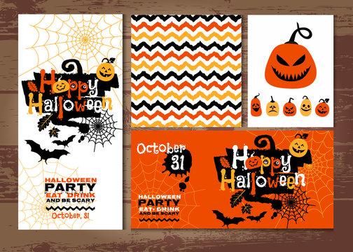 Halloween background of cheerful pumpkins. On the wood texture.