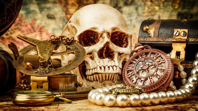 Vintage grunge still life. Vintage items on ancient map.