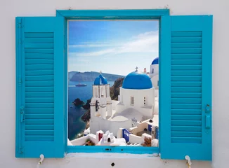 Selbstklebende Fototapete Santorini Fenster mit Blick auf Caldera und Kirche, Santorini