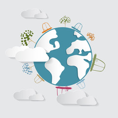Vector Paper Cars, Clouds, Trees, on Earth, Globe