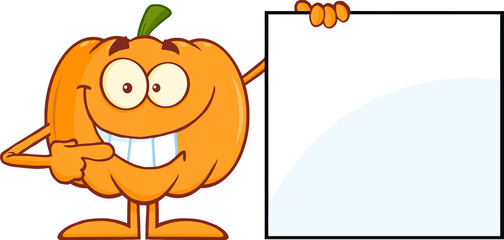 Smiling Halloween Pumpkin Character Showing A Blank Sign