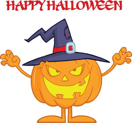 Scaring Halloween Pumpkin With A Witch Hat And Text