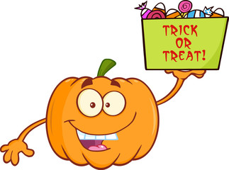 Smiling Pumpkin Character Holds A Box With Candy And Text