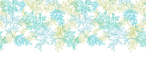 Scattered blue green branches horizontal seamless pattern