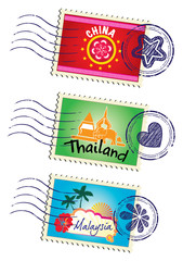 Asia country travel landmark stamp set
