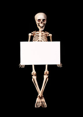 Skeleton holding empty blank over black background. Halloween