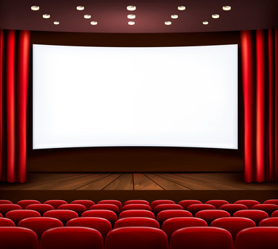 Cinema with white screen, curtain and seats. Vector.