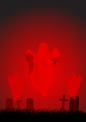 Cartoon illustration of ghosts on cemetery