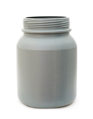 opened gray recycled plastic bottle  on white background
