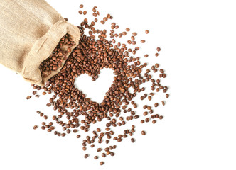 Coffee beans in coffee bag made from burlap