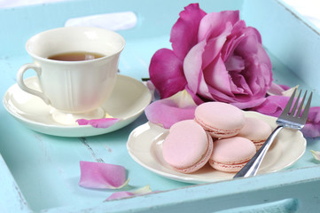 Stylish, elegant, shabby chic style afternoon tea with macarons